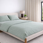 Calm bedroom sanctuary with sage bamboo bed set which includes one duvet cover, one fitted sheet and 2 pillowcases