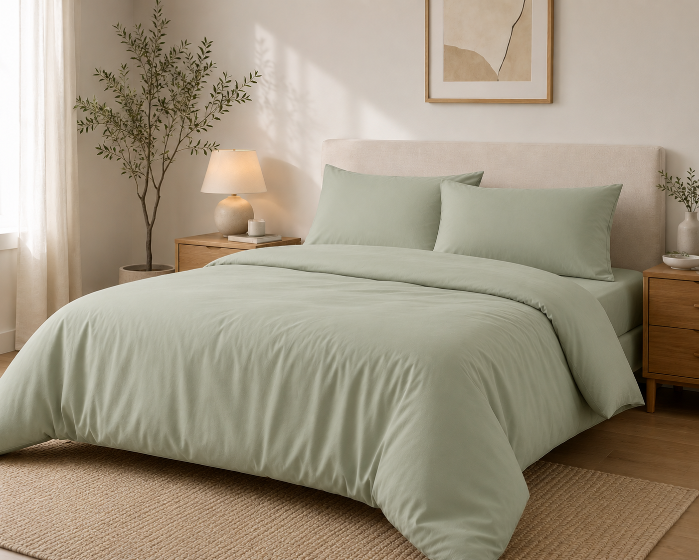 Calm bedroom sanctuary with sage bamboo bed set which includes one duvet cover, one fitted sheet and 2 pillowcases