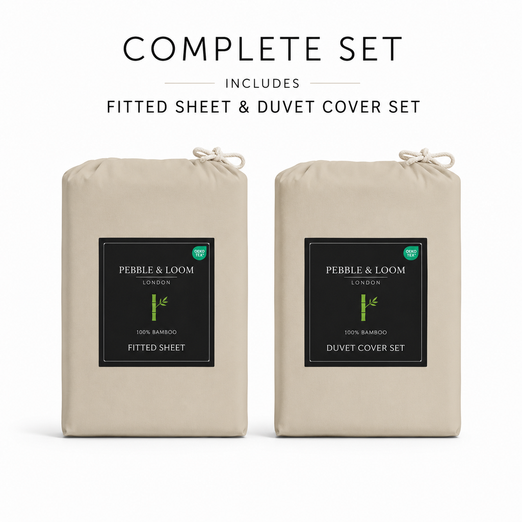 Bamboo beige bed linen (including bamboo bedsheet) set in bamboo fabric sustainable packaging