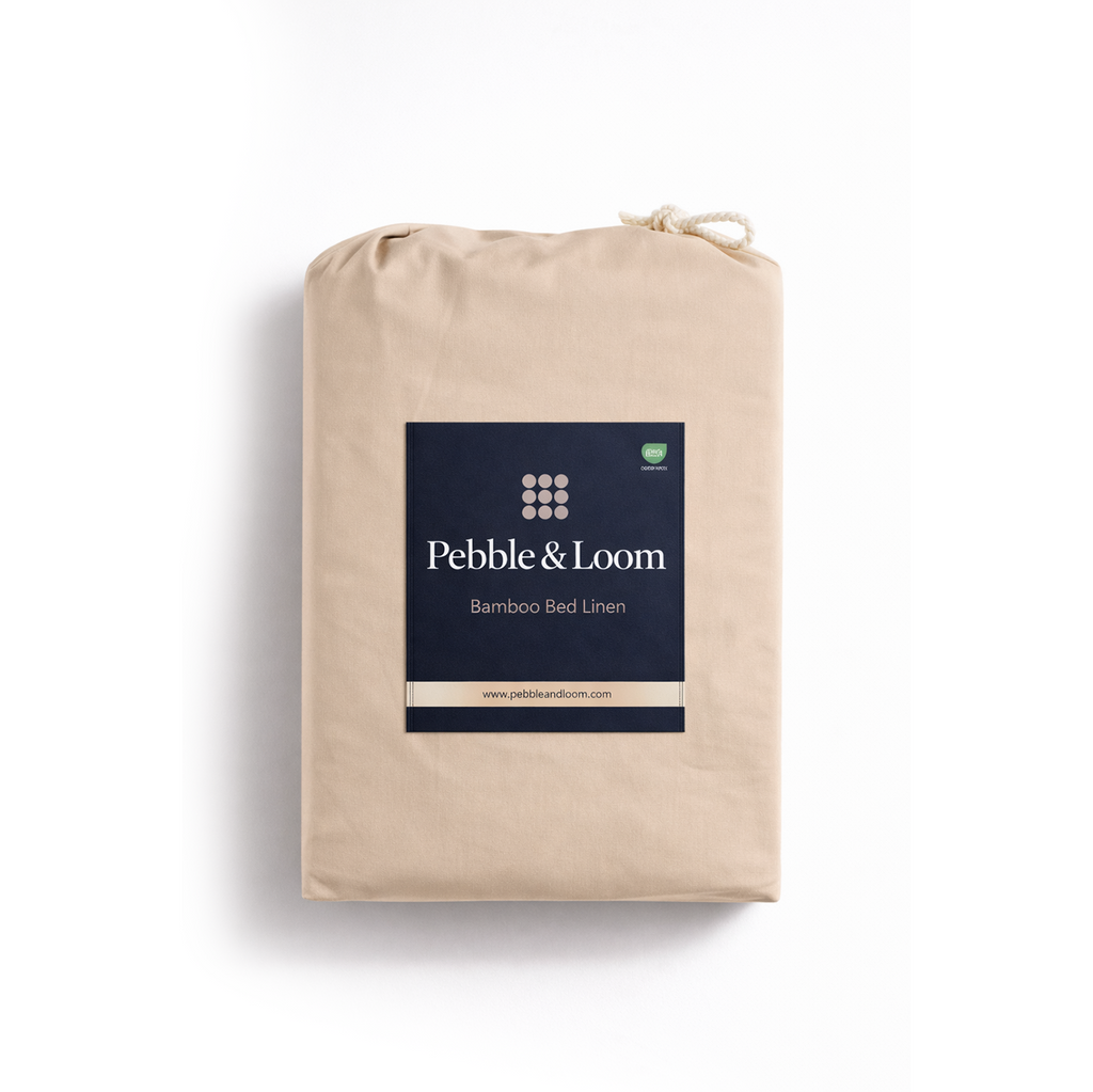 Bamboo beige bed linen (including bamboo bedsheet) set in bamboo fabric sustainable packaging