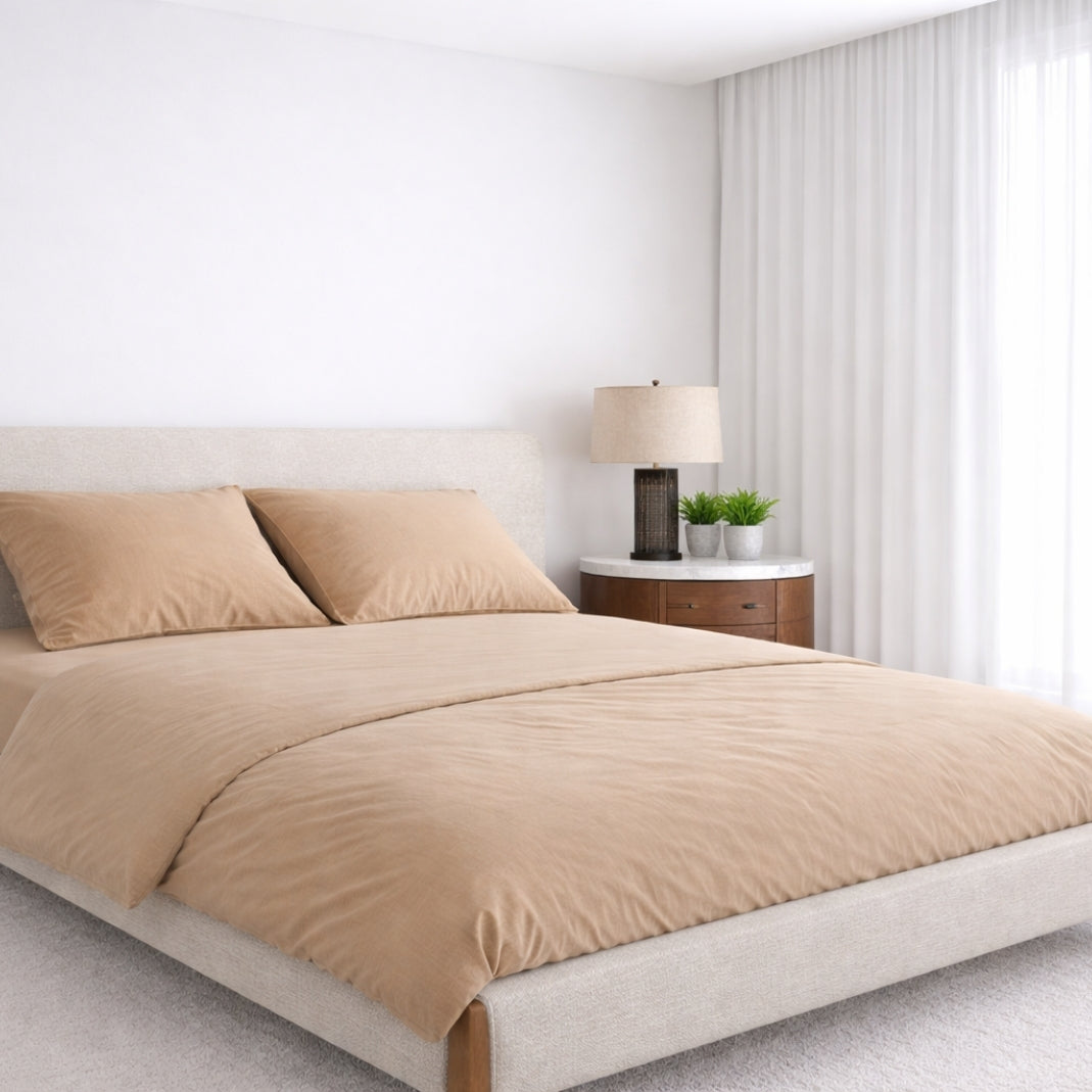 Minimal bedroom interior with beige bamboo duvet cover, bamboo bedsheet and matching pillowcases