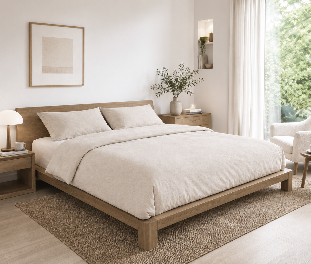 Minimal bedroom interior with beige bamboo duvet cover, bamboo bedsheet and matching pillowcases