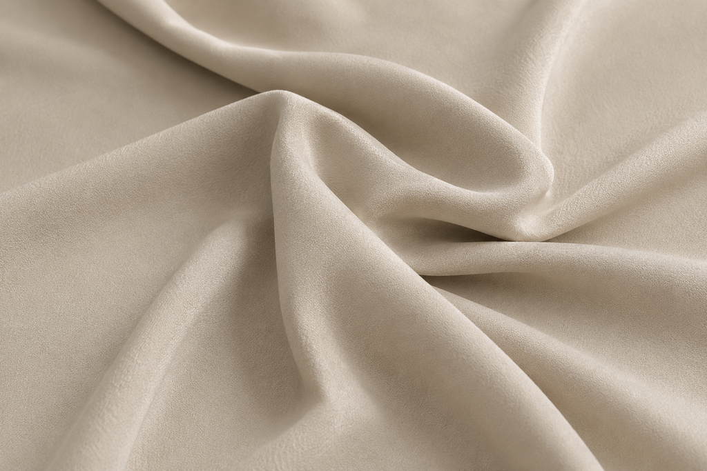 Close-up of beige bamboo duvet cover fabric showing a silky sateen weave and soft drape.