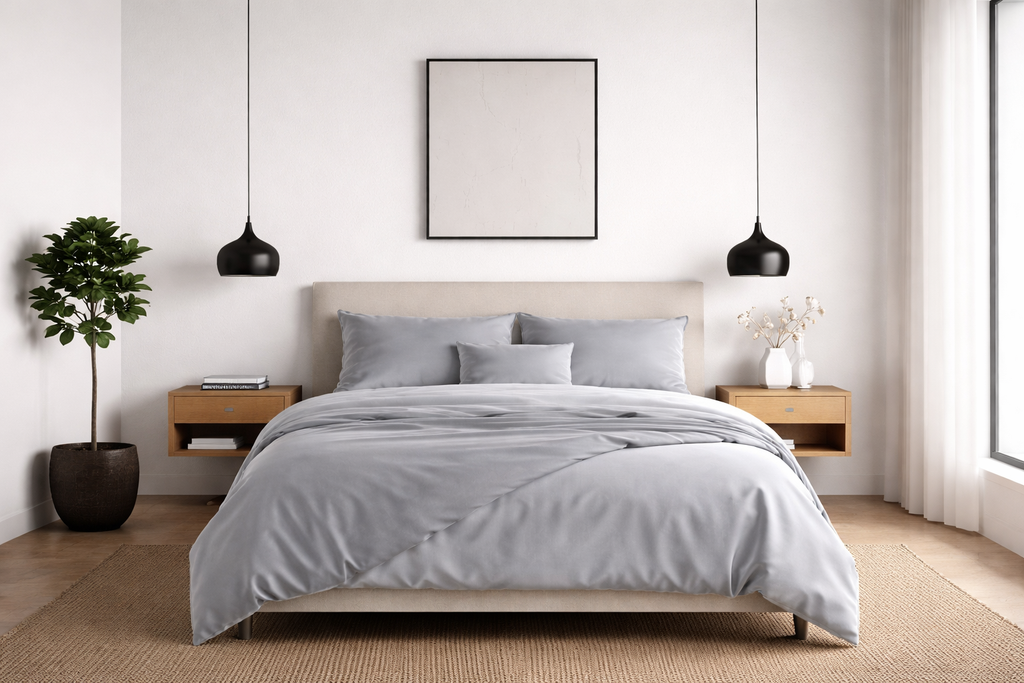 Bedroom with grey bamboo duvet cover and matching pillowcases.