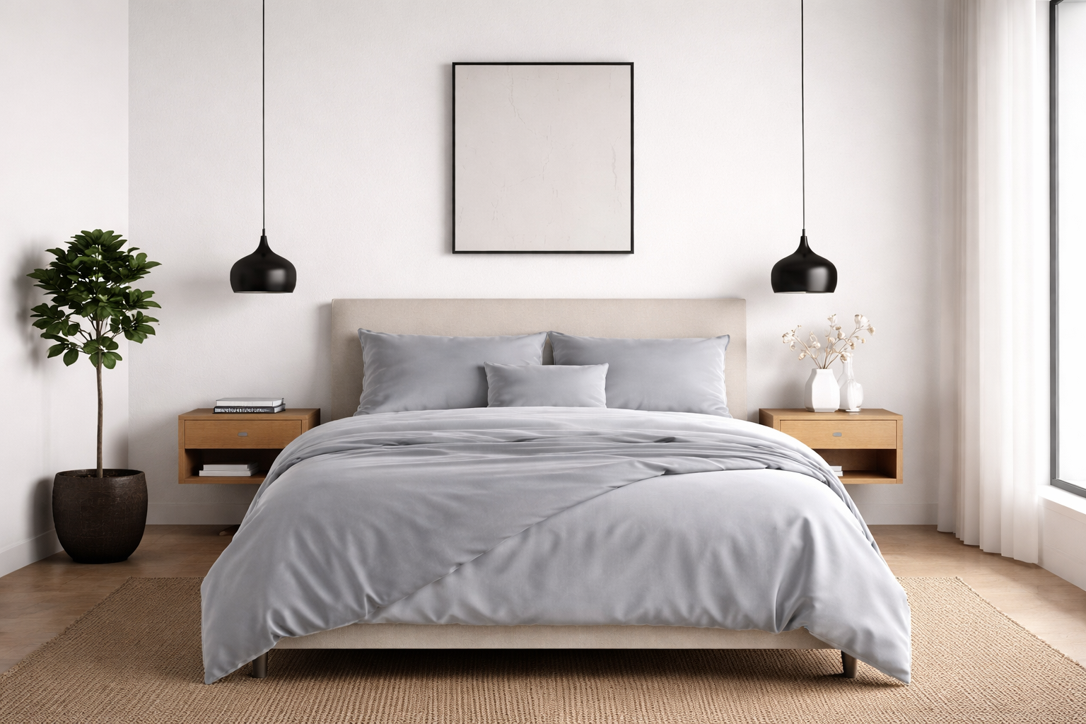 Bedroom with grey bamboo duvet cover and matching pillowcases.