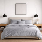 Modern bedroom interior with grey bamboo duvet cover and matching pillowcases.