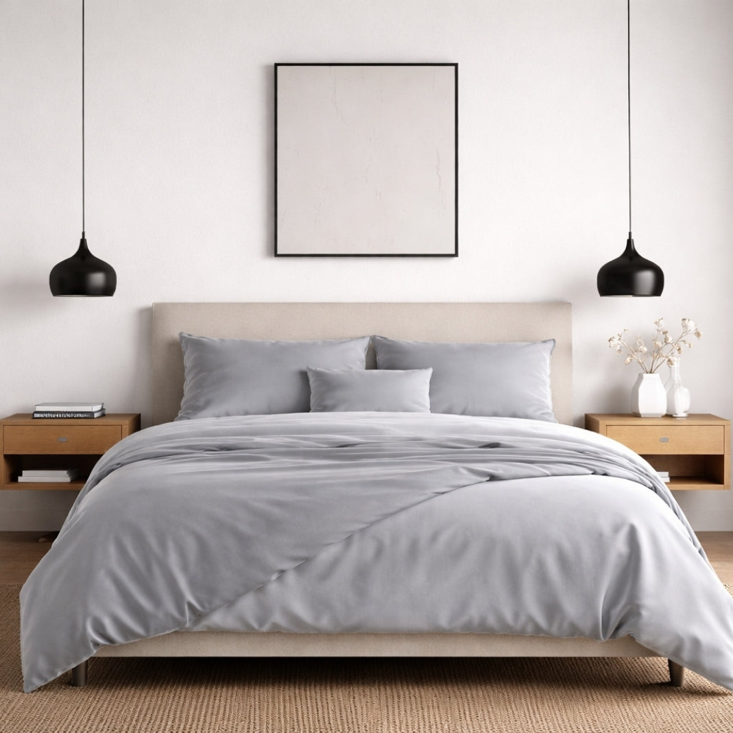 Modern bedroom interior with grey bamboo duvet cover and matching pillowcases.