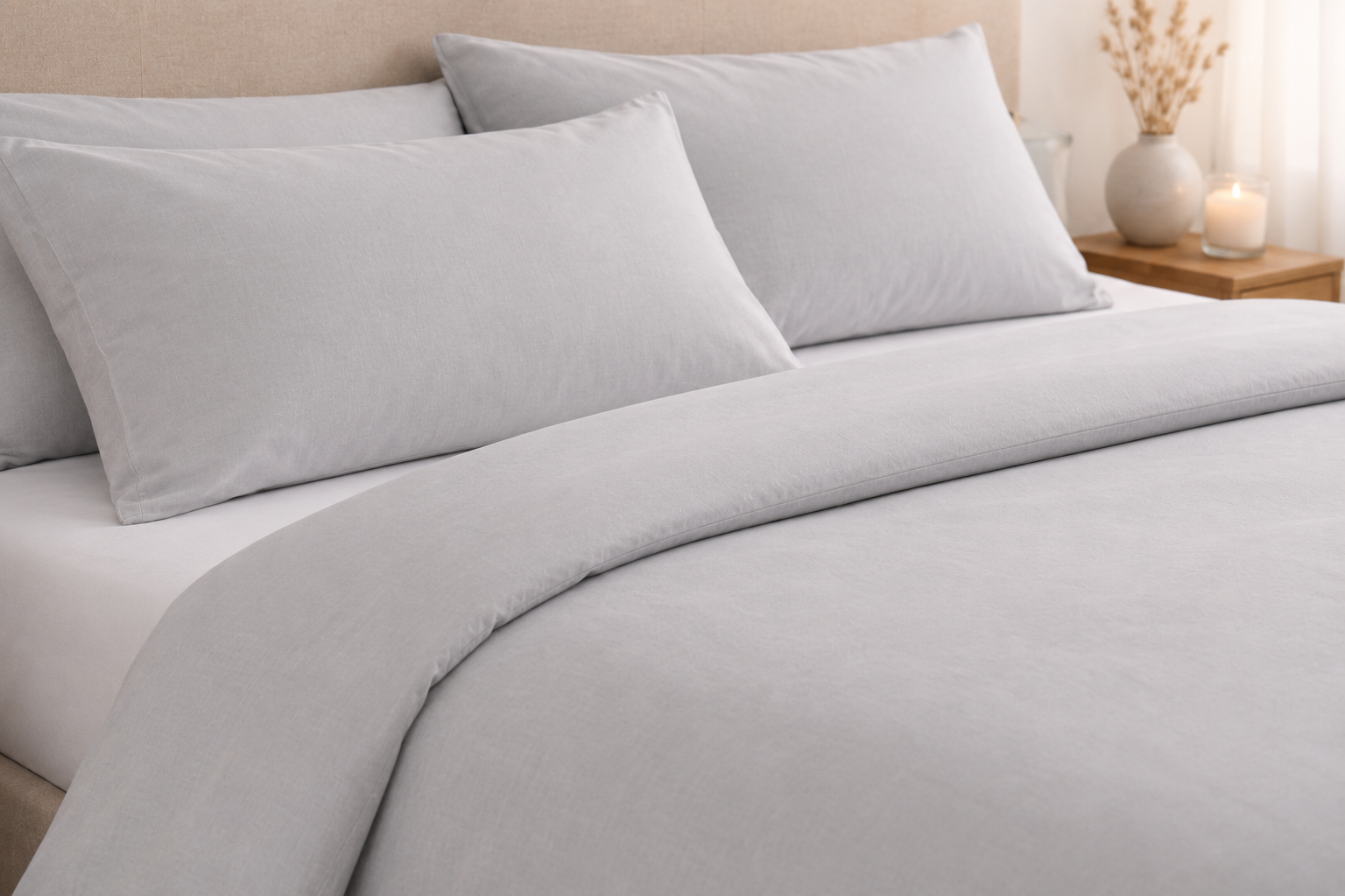 Grey bamboo duvet set with pillowcases on a bed in a warm bedroom — Pebble & Loom