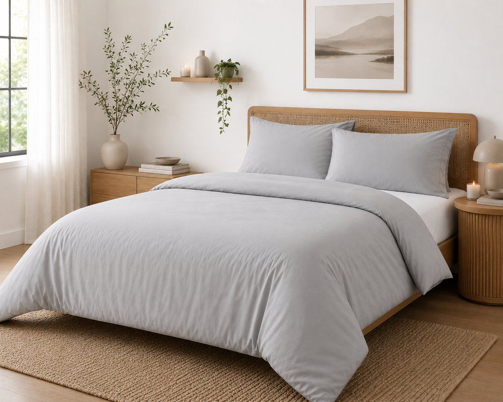 Grey bamboo duvet cover set on a rattan bed frame in a bright natural bedroom — Pebble & Loom