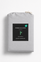 Pebble & Loom 100% bamboo duvet cover set in grey packaging with OEKO-TEX certification badge