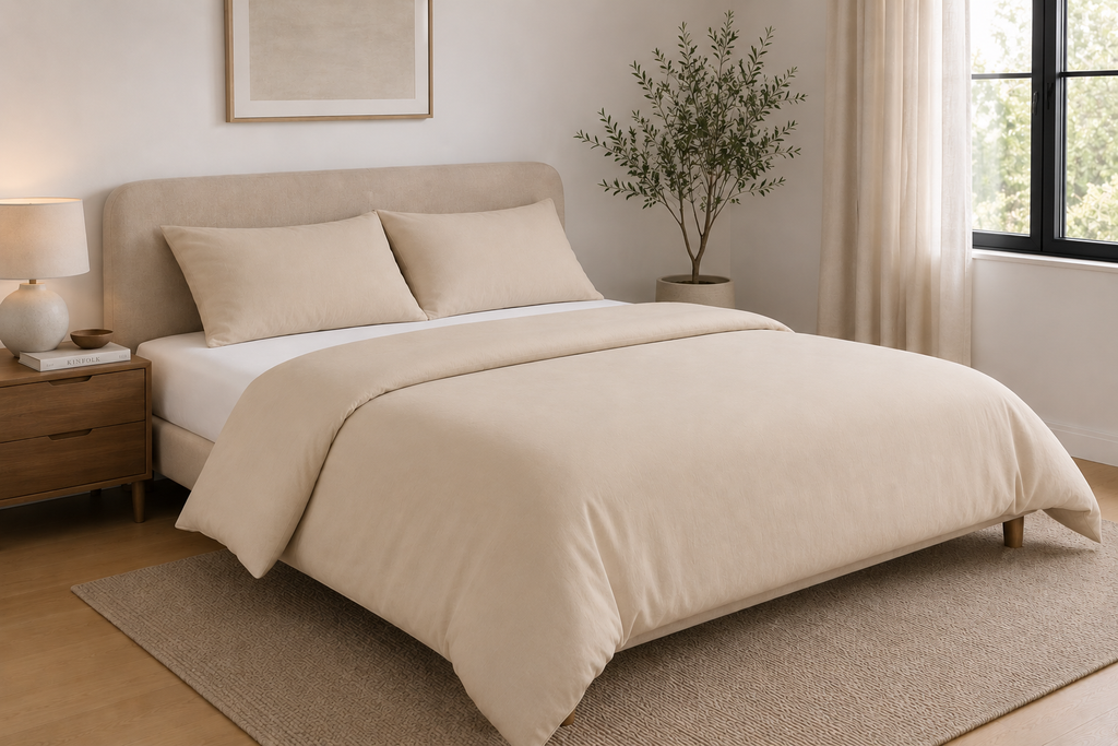 Cream bamboo duvet cover set on an upholstered bed in a bright airy bedroom — Pebble & Loom
