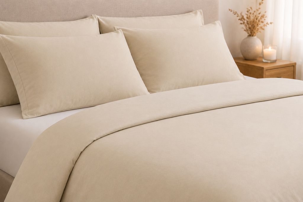 Cream bamboo duvet set with pillowcases on a bed in a warm bedroom setting — Pebble & Loom