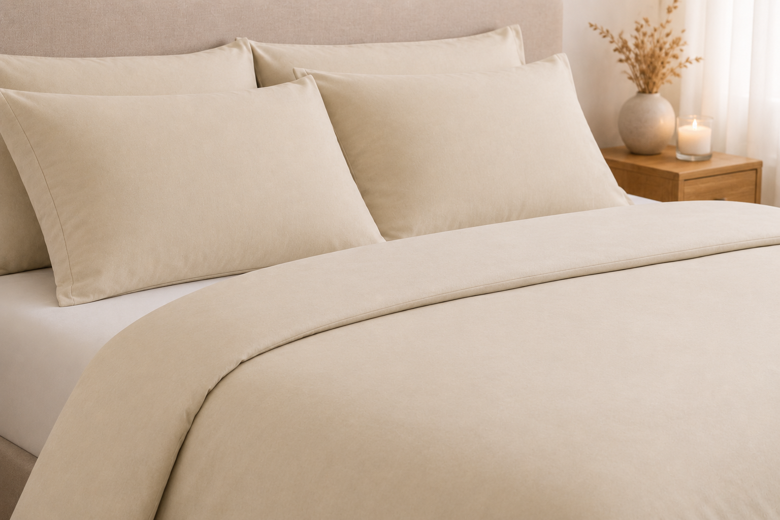 Cream bamboo duvet set with pillowcases on a bed in a warm bedroom setting — Pebble & Loom