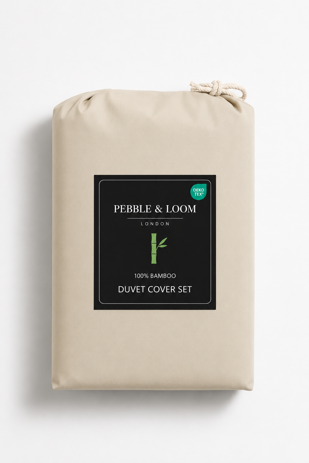 Pebble & Loom 100% bamboo duvet cover set in cream packaging with OEKO-TEX certification badge