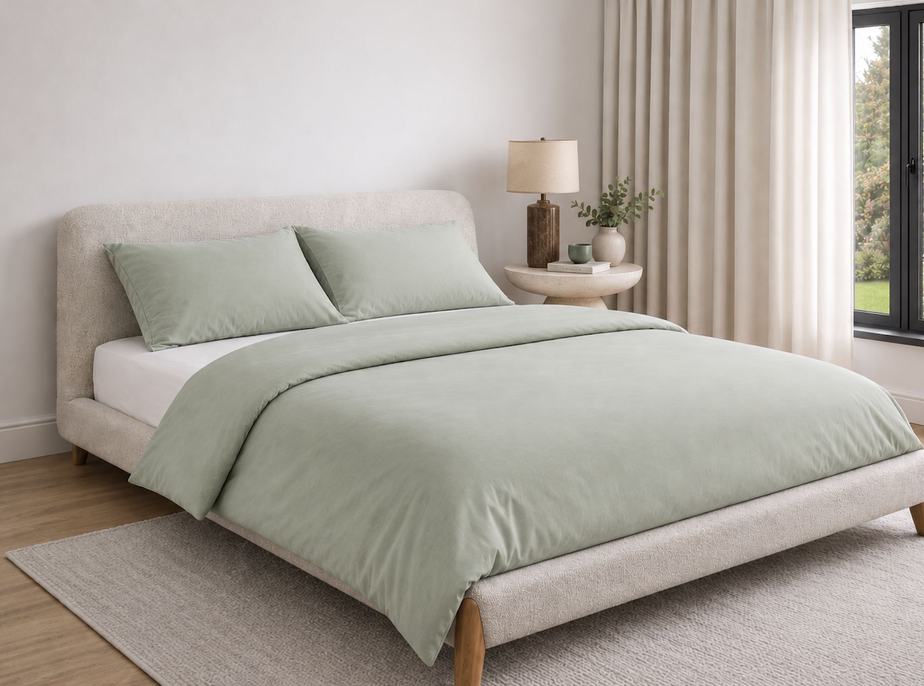 Sage green bamboo duvet cover set on an upholstered bed in a bright neutral bedroom — Pebble & Loom