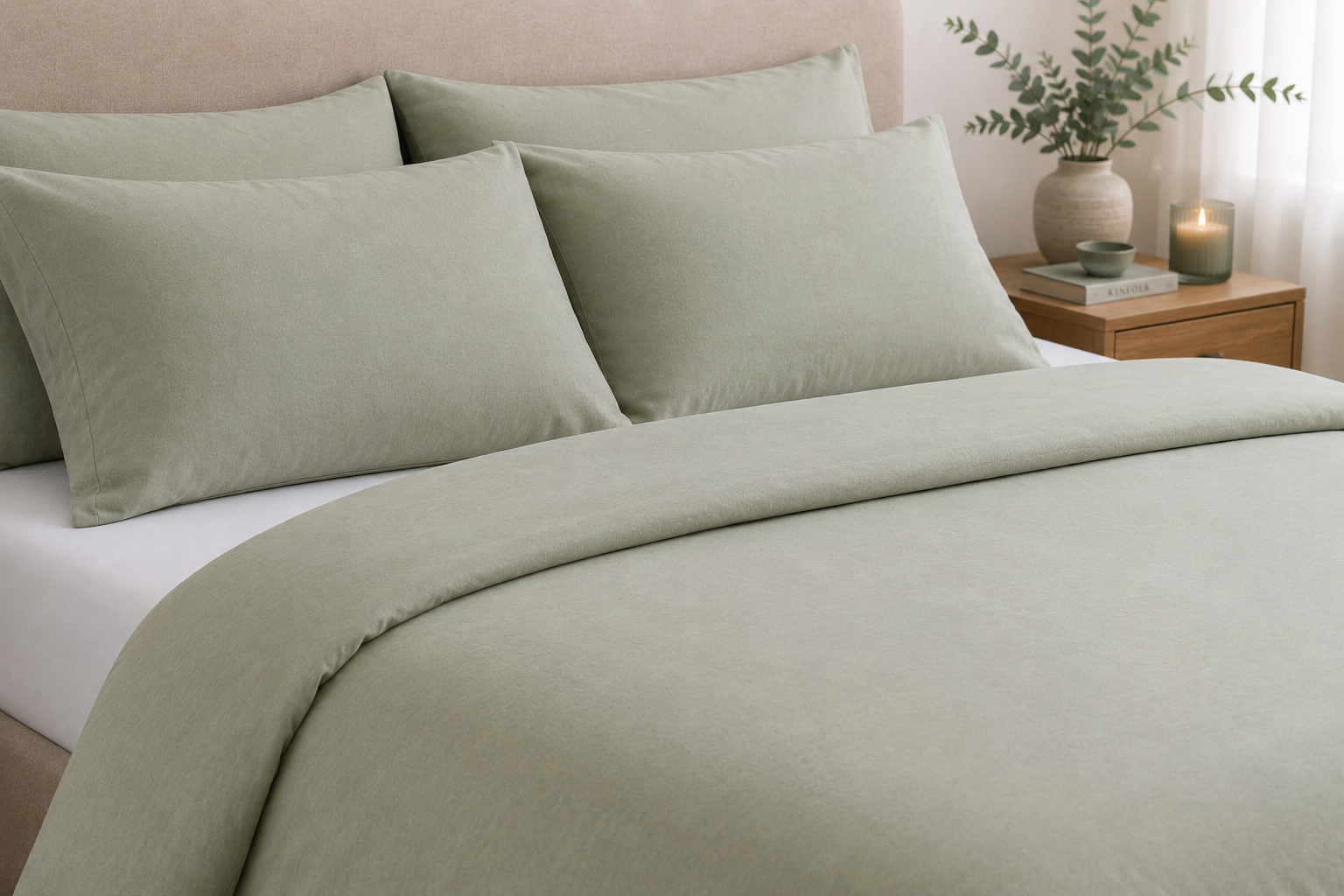 Sage green bamboo duvet set with pillowcases on a bed in a calm warm bedroom — Pebble & Loom