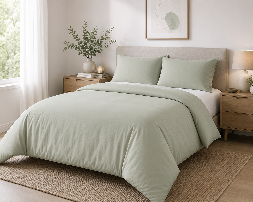 Sage green bamboo duvet cover set on a bed in a bright Scandinavian-style bedroom — Pebble & Loom
