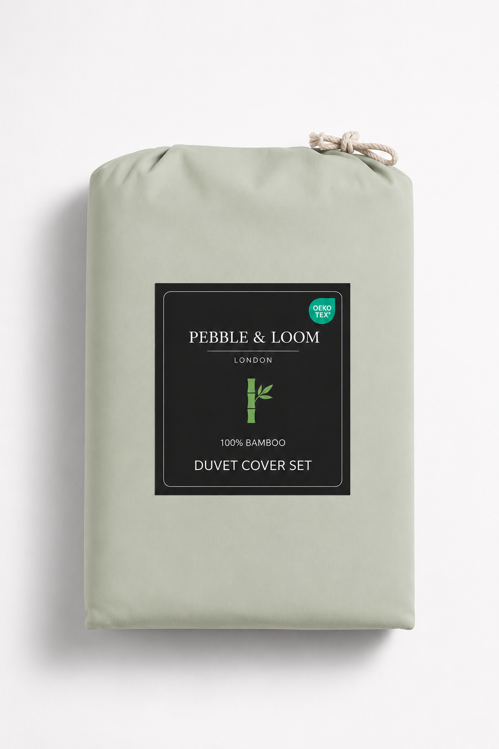 Pebble & Loom 100% bamboo duvet cover set in sage green packaging with OEKO-TEX certification badge