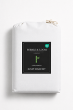 Pebble & Loom 100% bamboo duvet cover set in white packaging with OEKO-TEX certification badge