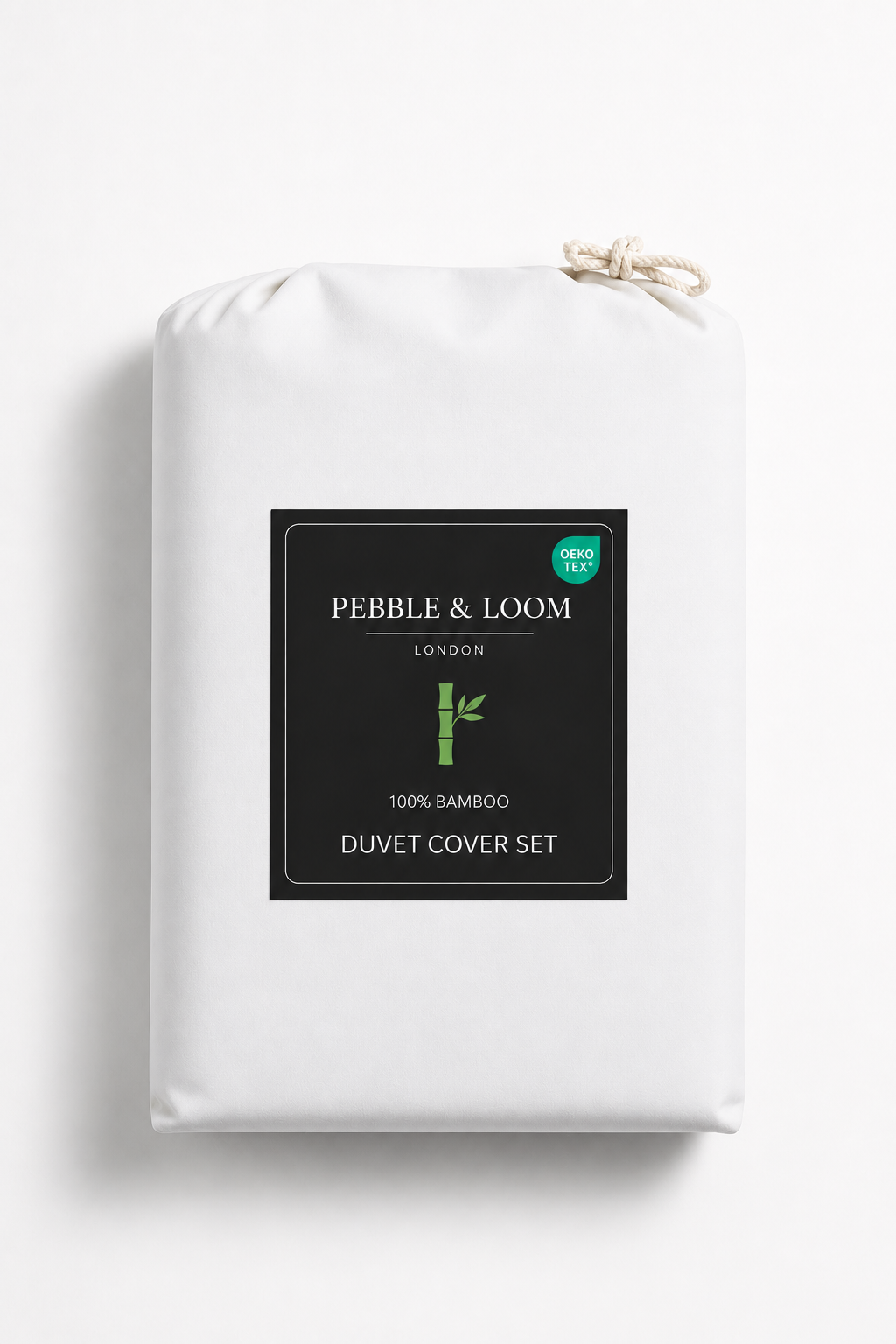 Pebble & Loom 100% bamboo duvet cover set in white packaging with OEKO-TEX certification badge