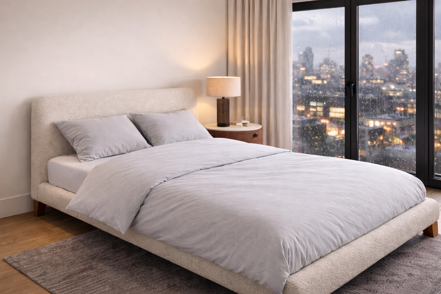 Grey bamboo duvet cover set on a bed in a modern bedroom with city skyline view — Pebble & Loom