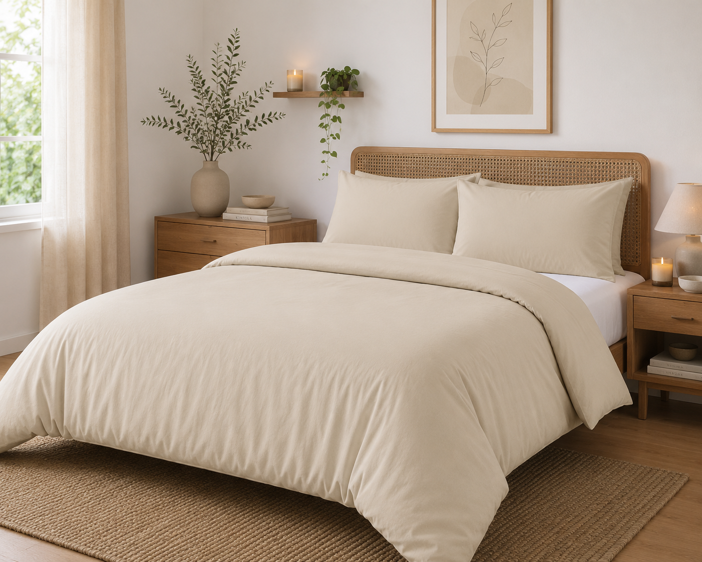 Cream bamboo duvet cover set on a rattan bed frame in a warm natural bedroom — Pebble & Loom