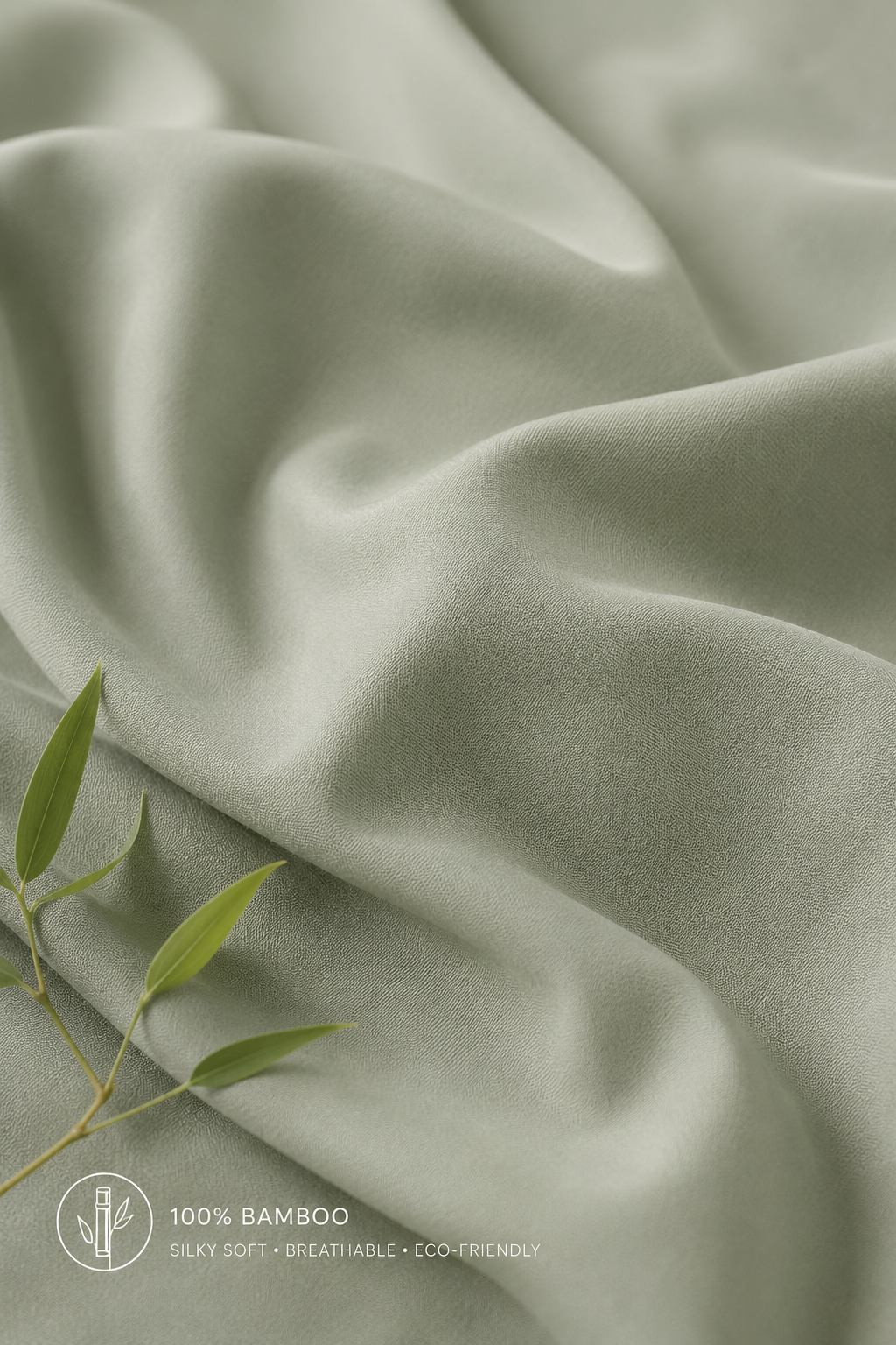 Close-up of silky soft sage green 100% bamboo fabric — breathable and eco-friendly bedding by Pebble & Loom