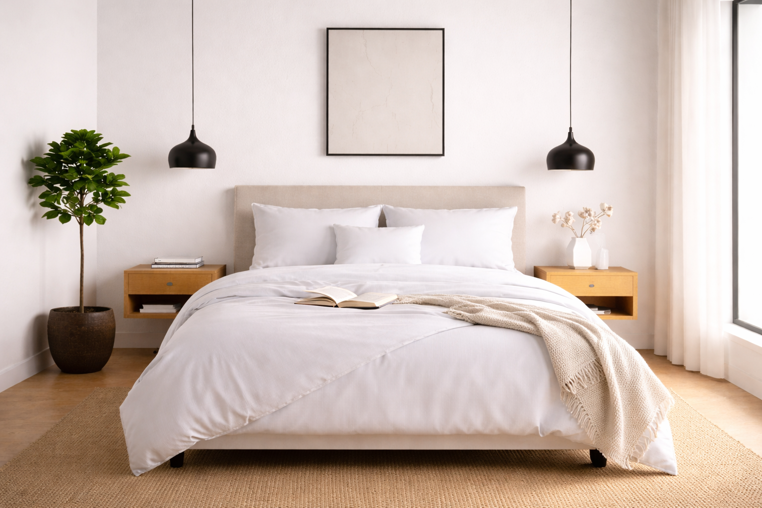 White bamboo duvet cover set styled on a bed in a bright minimalist bedroom — Pebble & Loom