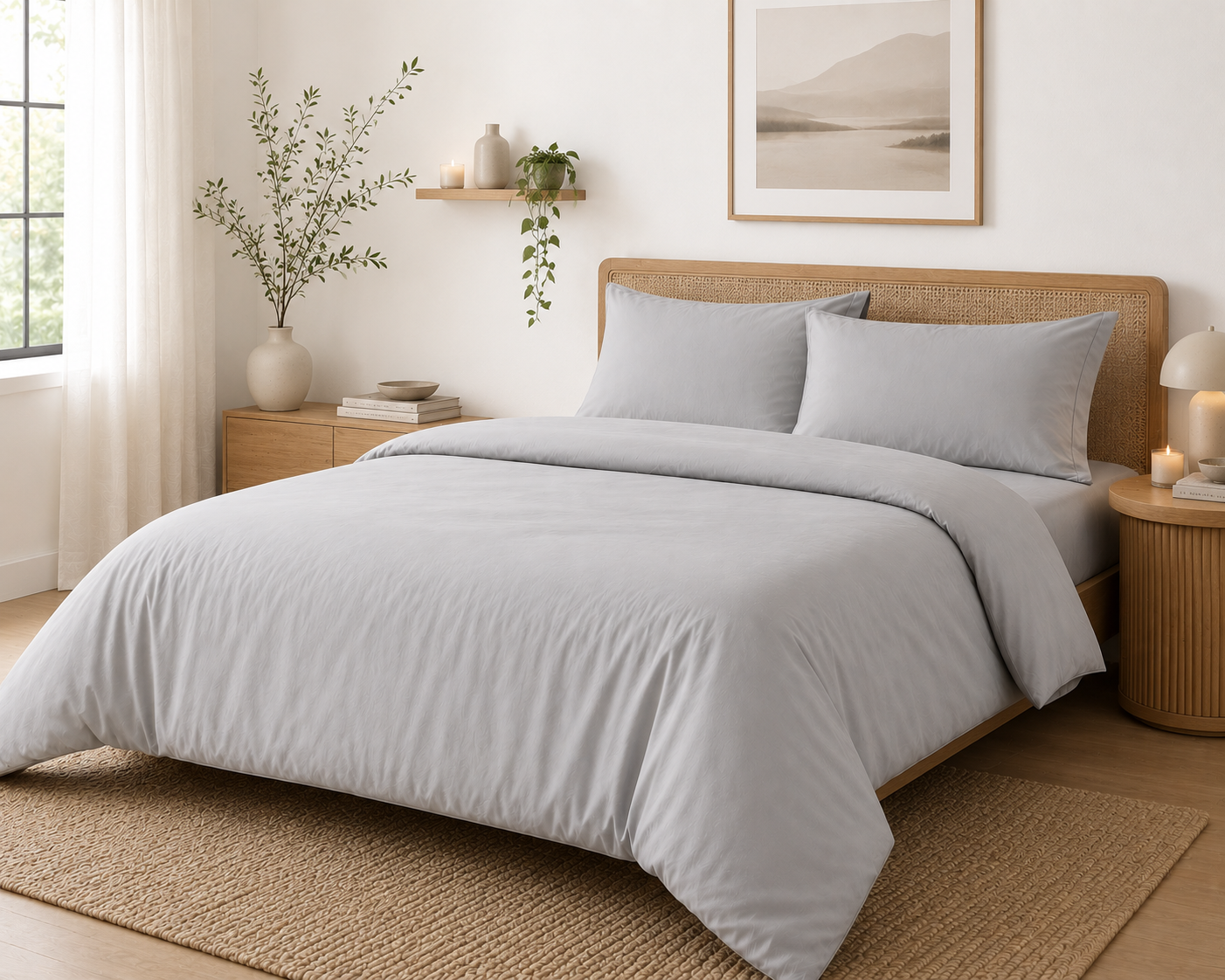 Modern bedroom interior with grey bamboo duvet cover and matching pillowcases and fitted sheet