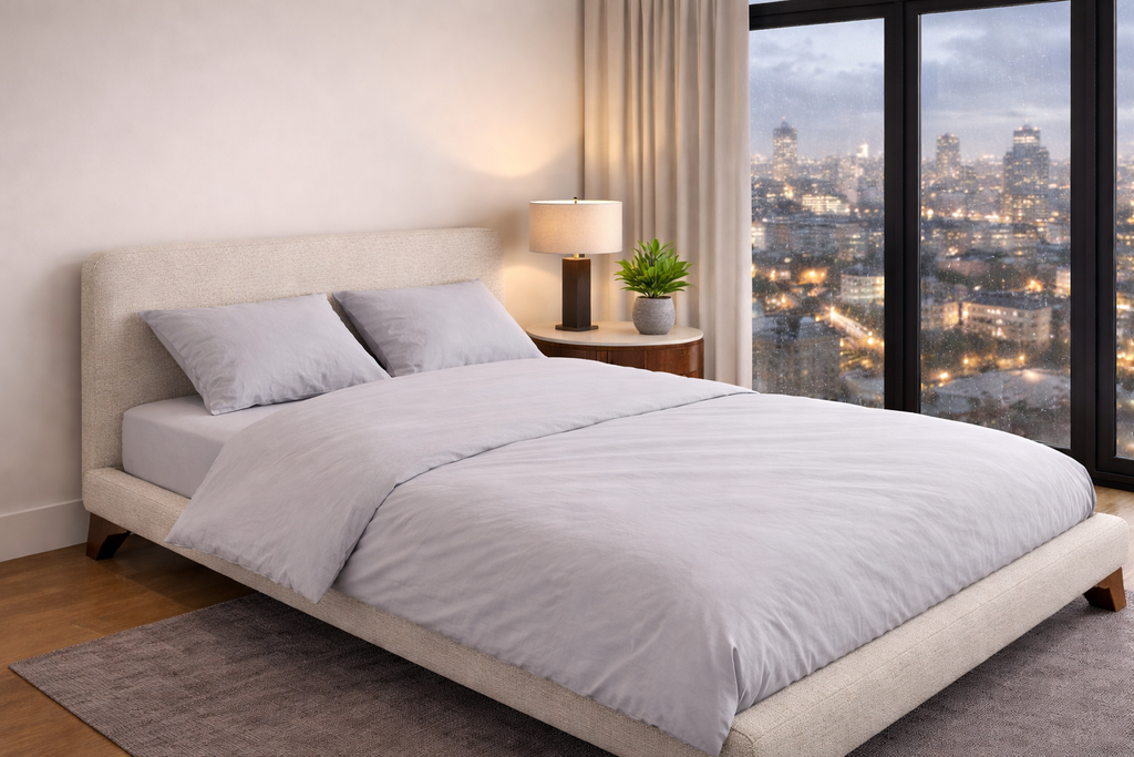 Modern bedroom interior with grey bamboo duvet cover and matching pillowcases.