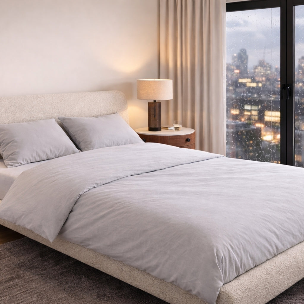 Grey bamboo duvet set (bamboo duvet cover + 2 bamboo pillowcases) in a modern UK room