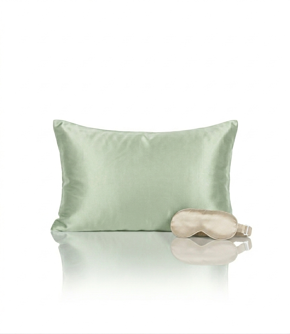 Mulberry silk eye mask and pillowcase gift set in sage green and beige