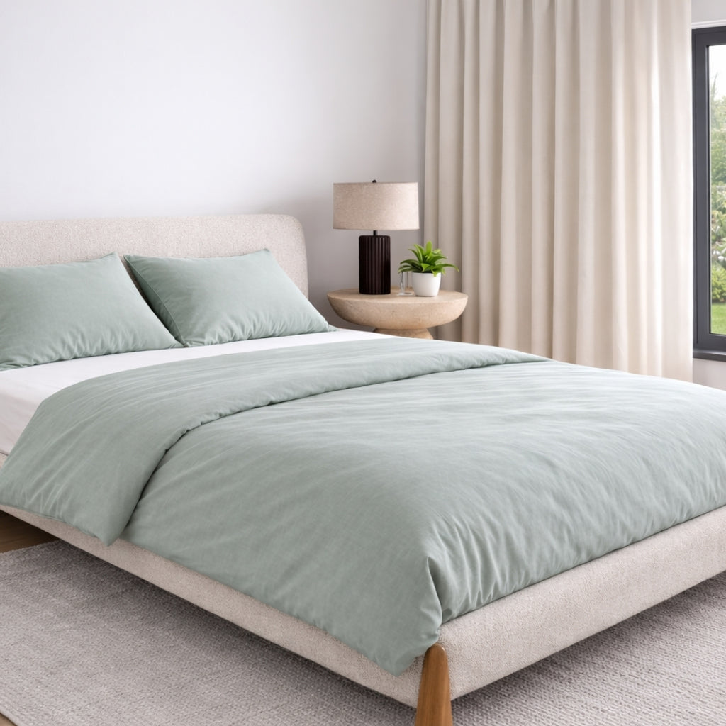 Calm bedroom sanctuary with high thread count sage bamboo duvet set (which includes one duvet cover and 2 pillowcases)