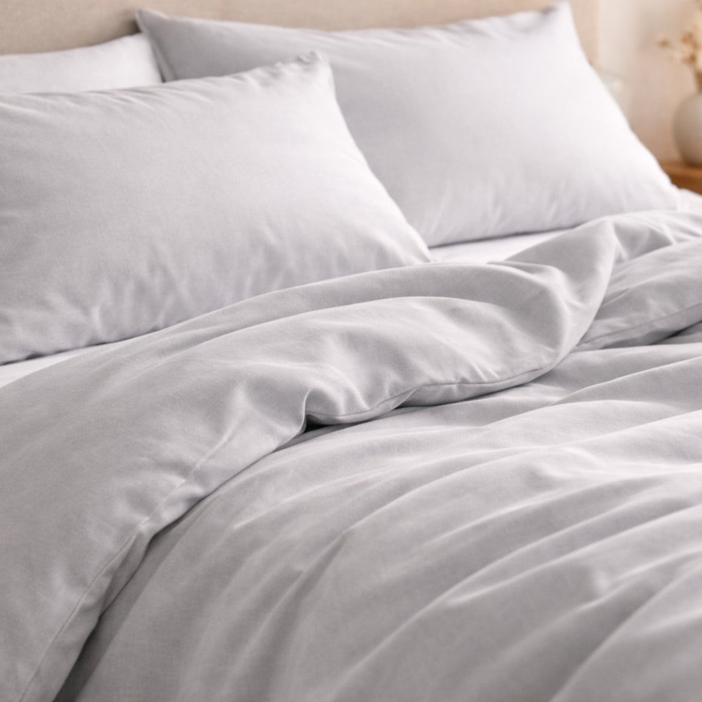 Soft Grey Bamboo duvet cover set used on a bed
