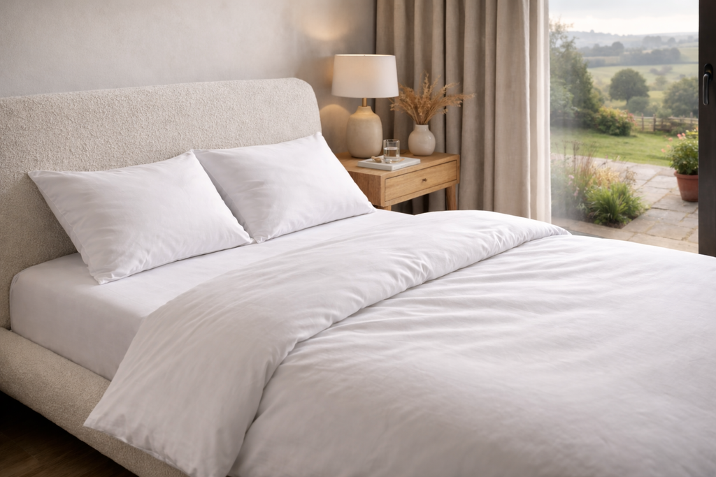 100 percent bamboo bedding set in white: featuring a fitted sheet, duvet cover and two pillowcases in a bedroom in the UK