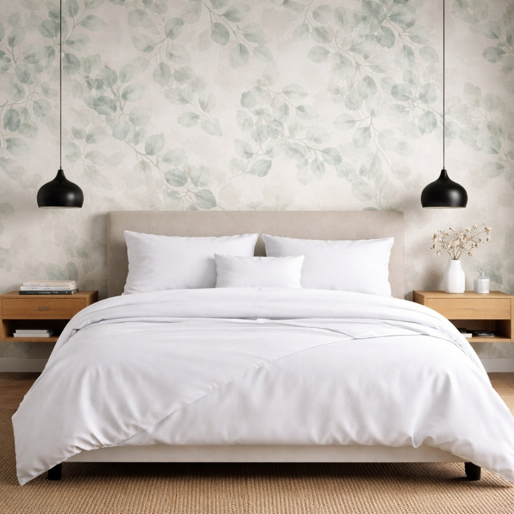 100 percent bamboo bedding set in white: featuring a fitted sheet, duvet cover and two pillowcases in a bedroom in the UK 