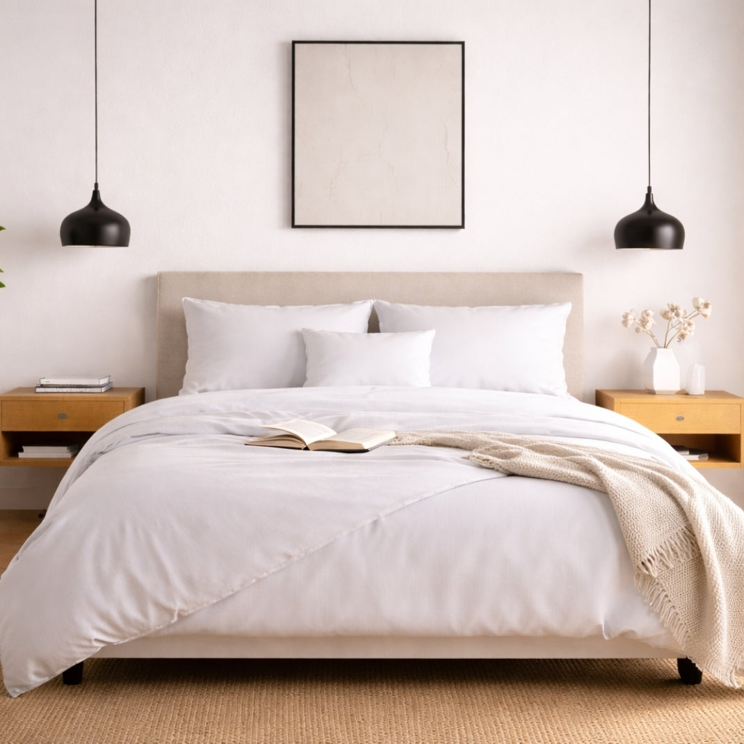 Bedroom with white bamboo duvet set (which includes one duvet cover and 2 pillowcases)