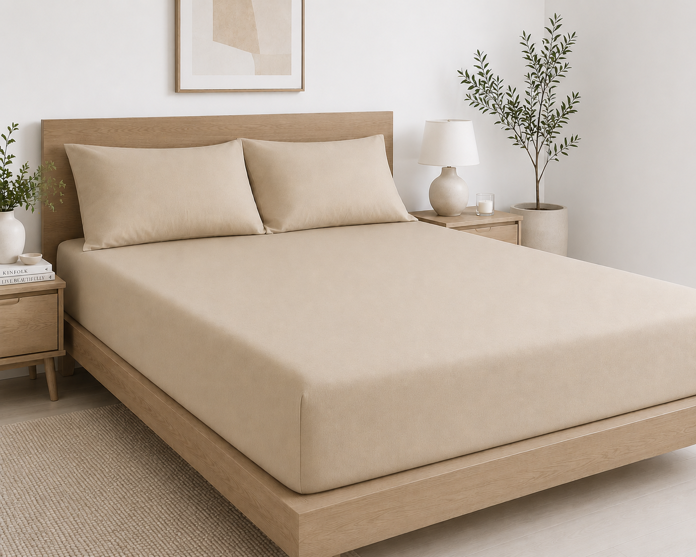 beige bamboo bed sheet with high quality stitching and elastic fit