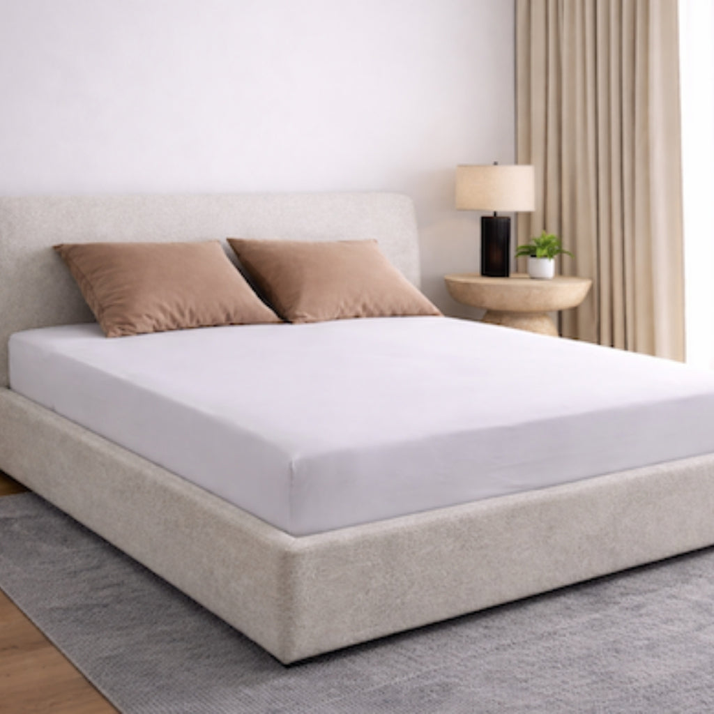 high thread count white bamboo bed sheet in a bedroom