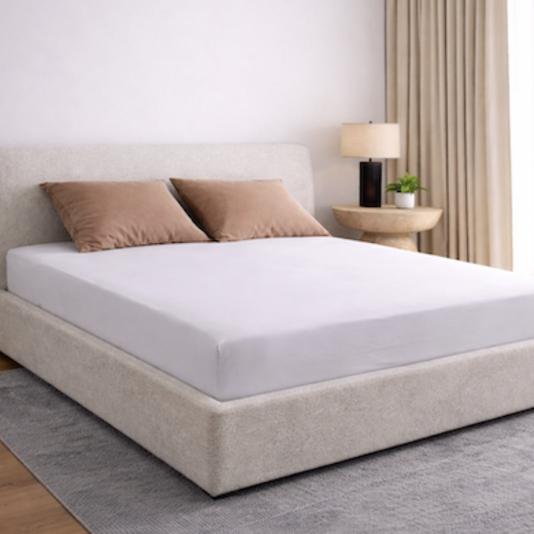 high thread count white bamboo bed sheet in a bedroom