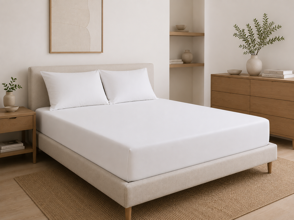 high thread count white bamboo bed sheet in a bedroom