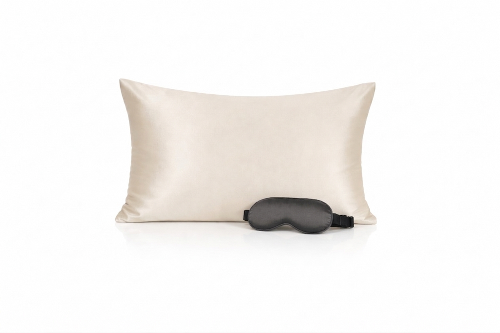 Mulberry silk eye mask and pillowcase gift set in neutral colours