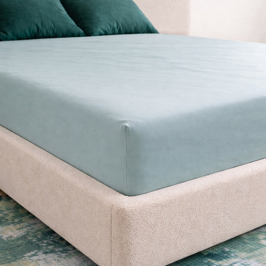 sage bamboo bed sheet corner with high stitching
