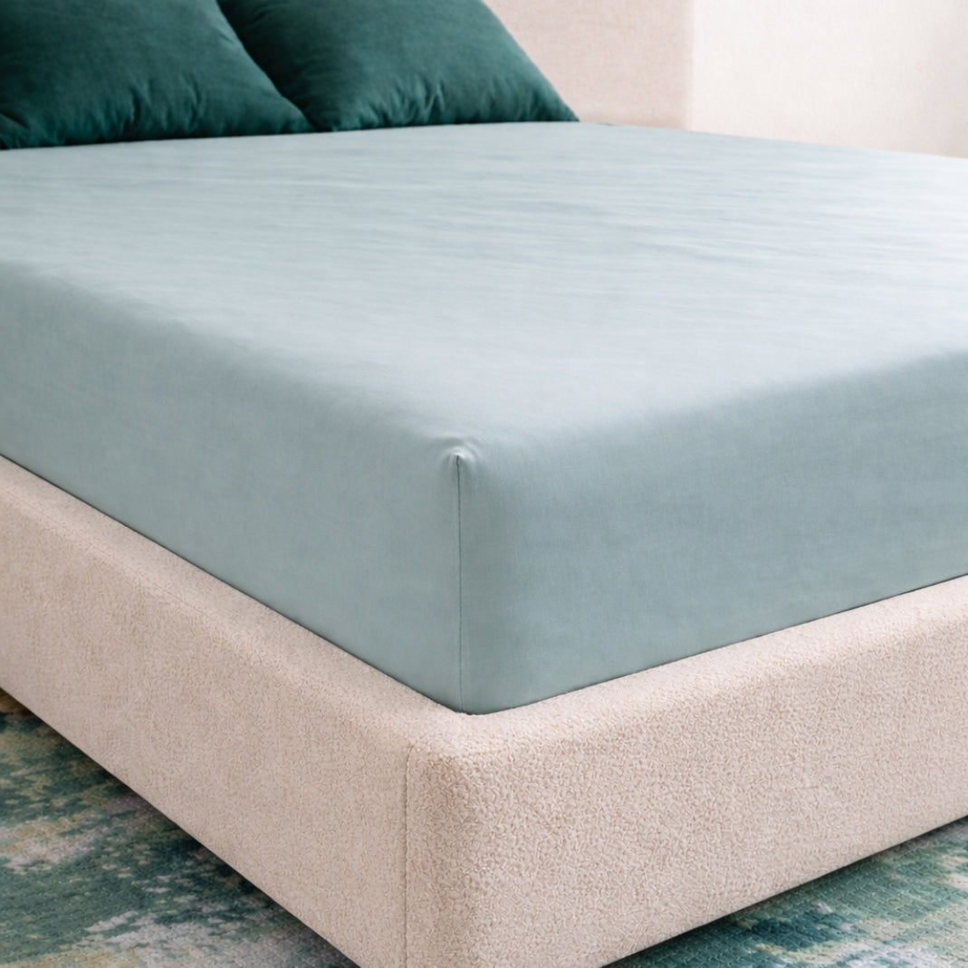 sage bamboo bed sheet corner with high stitching