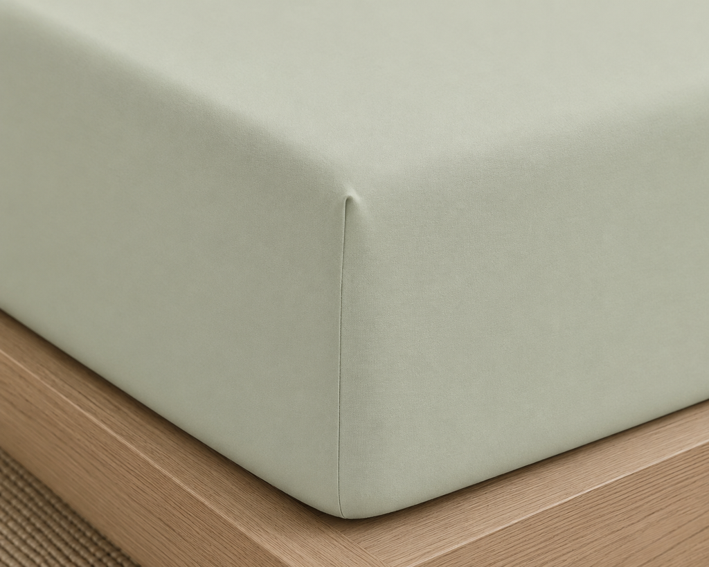 sage bamboo bed sheet corner with high stitching