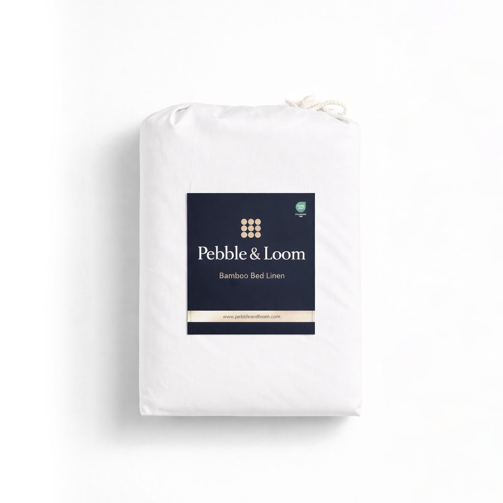 white bamboo beds linen in sustainable packaging