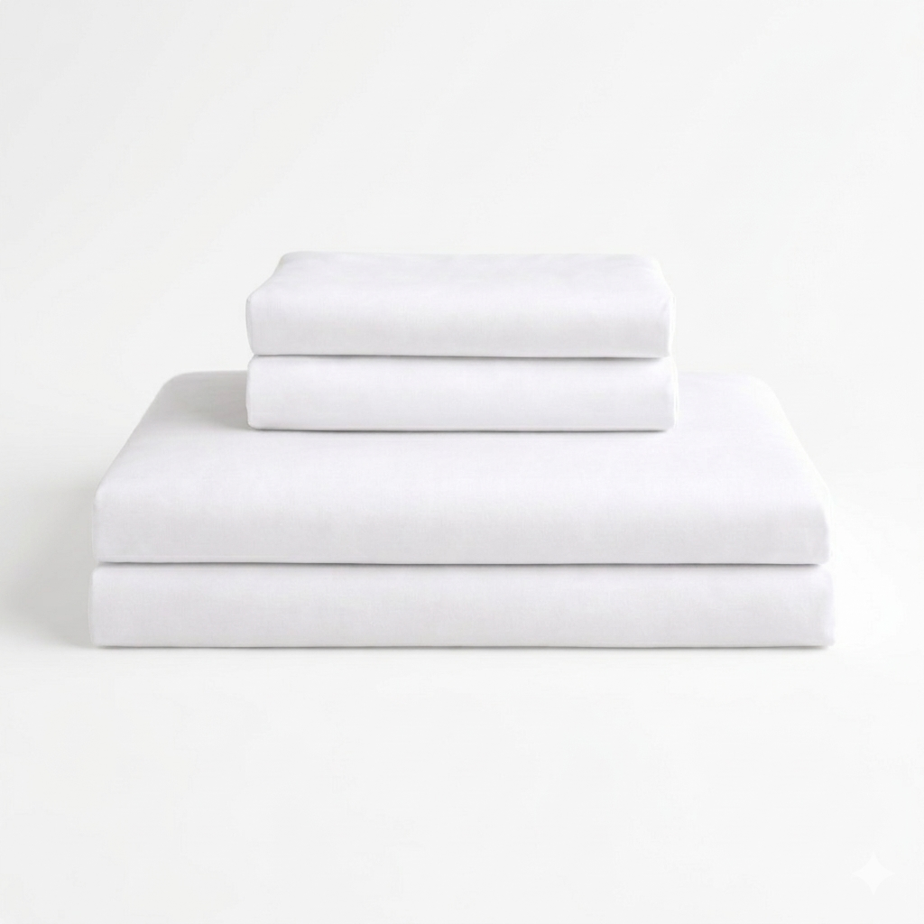 Image of the full 100% bamboo bed linen set: Includes one fitted sheet, one duvet cover and two pillowcases. White Colour. 