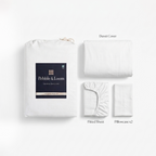 Labelled descriptive image of the full 100% bamboo bed linen set: Includes one fitted sheet, one duvet cover and two pillowcases. White Colour. 