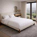 Earthy bedroom interior with white bamboo duvet cover and pillowcases.