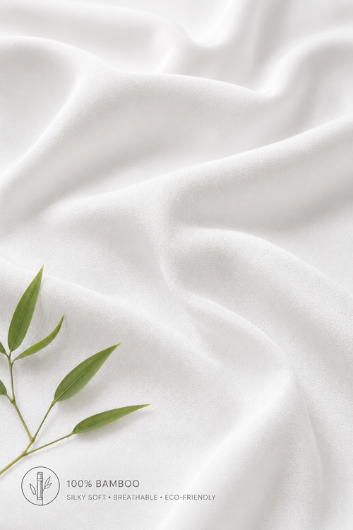 White bamboo fabric of our duvet ccover, having a silky sateen weave and soft drape.